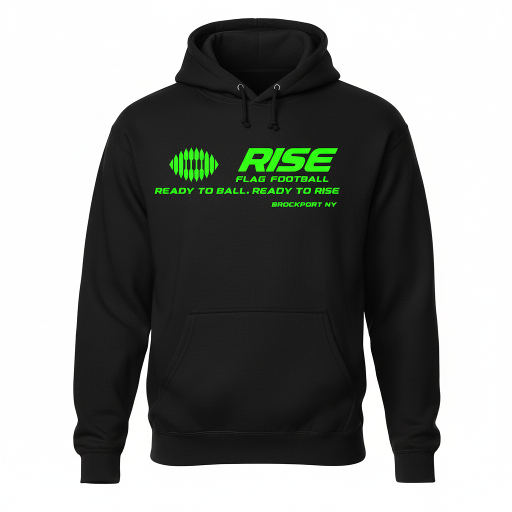 Black RISE Flag Football Hoodie with Neon Green Logo