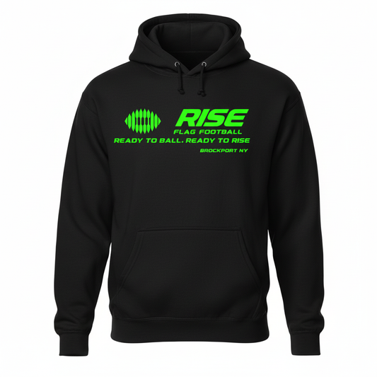 Black RISE Flag Football Hoodie with Neon Green Logo