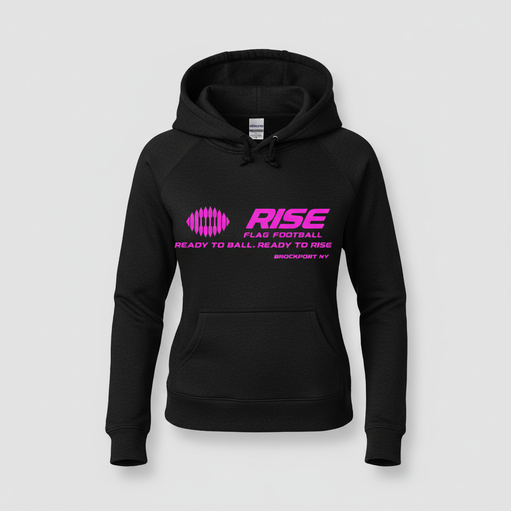 Black RISE Flag Football Women's Pullover Hoodie - Professional Product Photo
